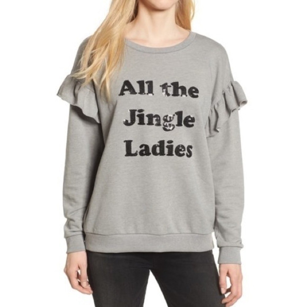 South Parade All The Jingle Ladies Sequin Sweatshirt Women M Gray Ruffle Holiday